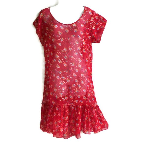 Silk Ella Moss Dress Pure Silk Sheer Lurex Floral Red L - Picture 1 of 10